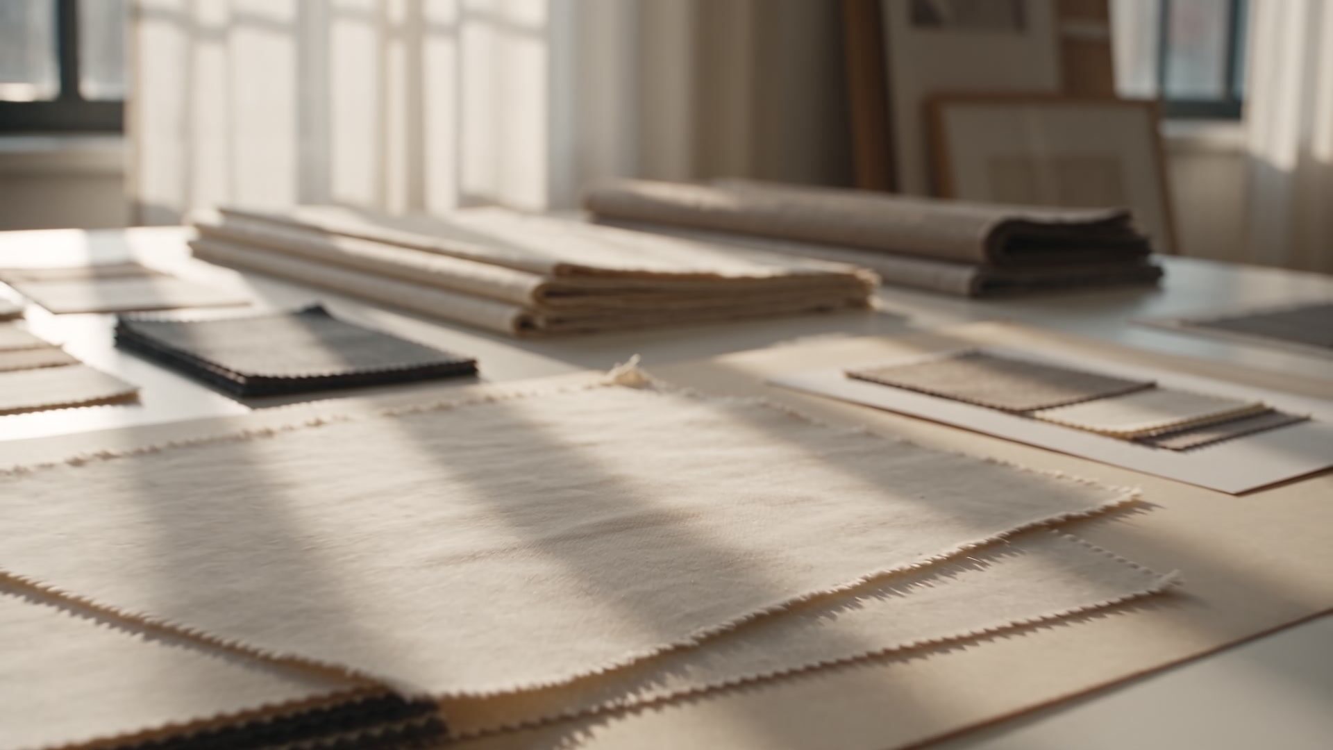 Undyed linen swatches laid out on a sunlit table in a sampling room, with fabric folds and sample boards behind.