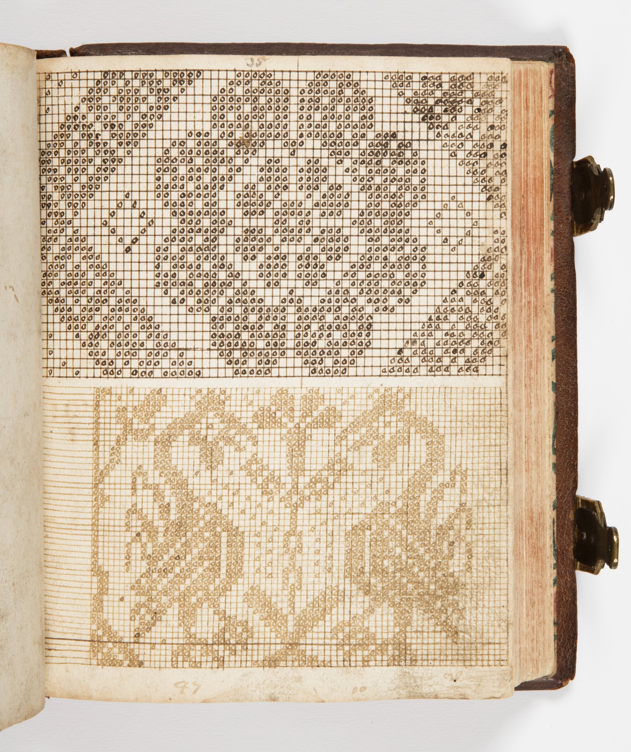 Open pattern book from Germany, 1760, showing a weaving draft drawn in ink on a fine grid.