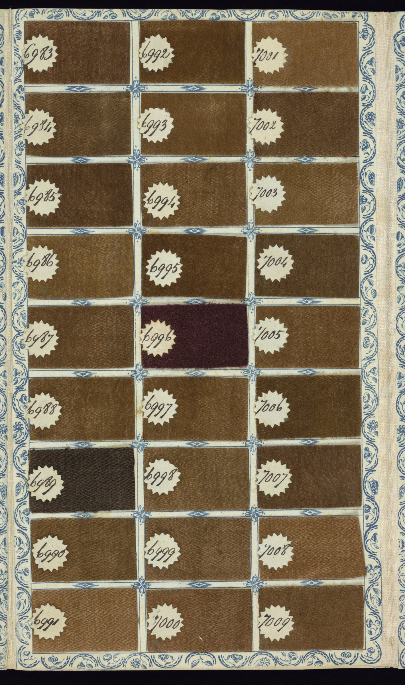 Page from an English salesman's sample book of 1784, showing a grid of woven wool swatches, each numbered by hand.